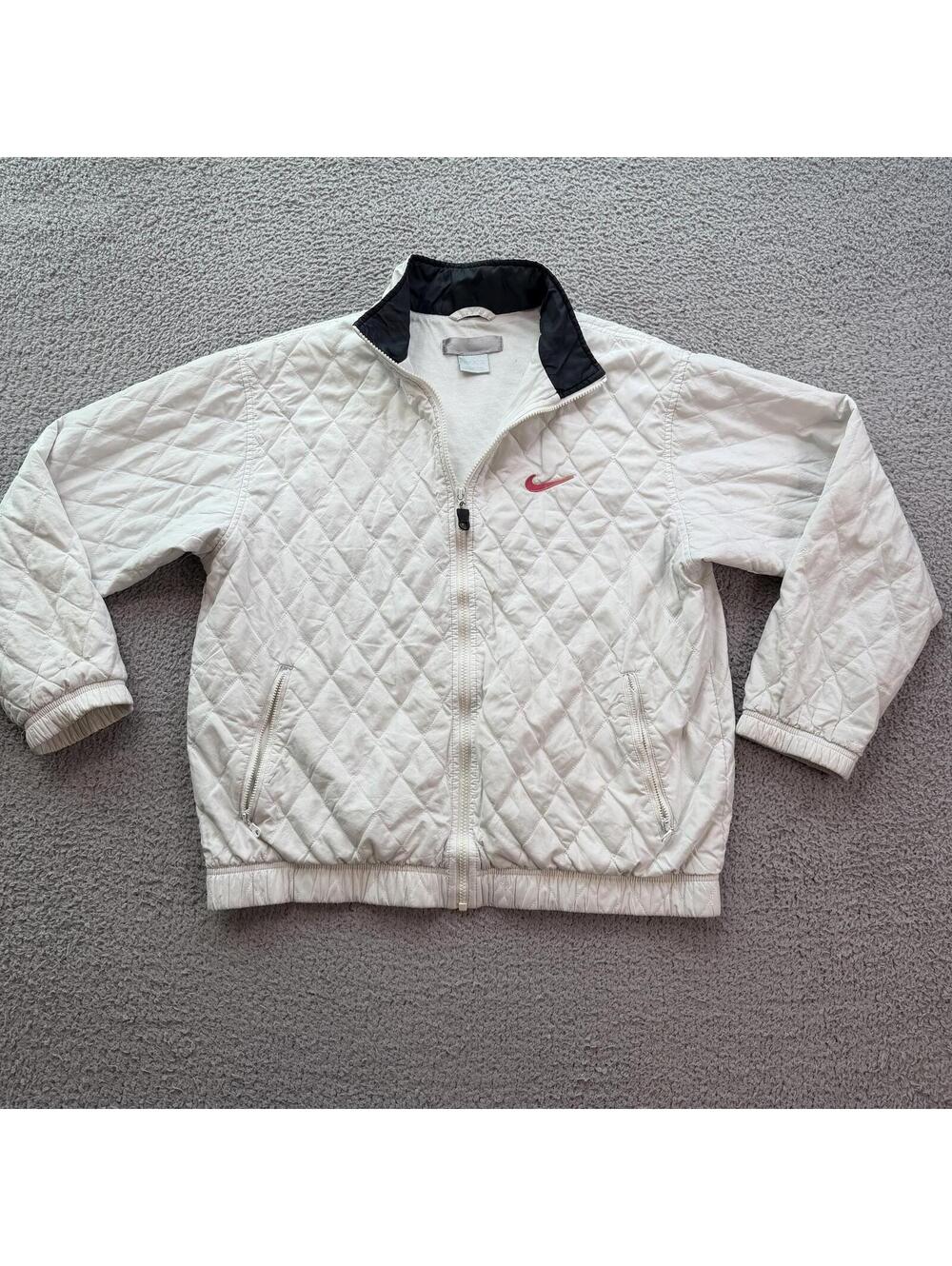 Y2K Nike Quilted Jacket Women's Medium White Pink Swoosh Full Zip Coat